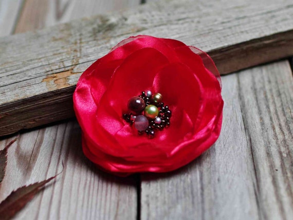 RED fabric Flower BROOCH Pin for dress, small gift ideas for her - flower Pin Organza Satin handmade, big red brooch