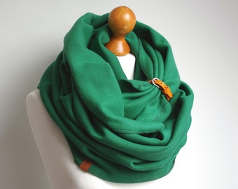 GREEN snood, infinity scarf with leather cuff, fashion infinity scarf, cozy SNOOD, hooded scarf, gift ideas, gift for her, infinity scarf