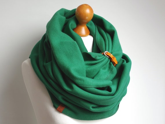 GREEN snood, infinity scarf with leather cuff, fashion infinity scarf, cozy SNOOD, hooded scarf, gift ideas, gift for her, infinity scarf