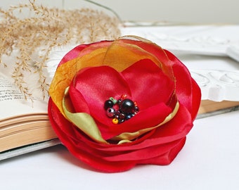 bright RED fabric Flower BROOCH Pin for dress, small gift ideas for her - flower Pin Organza Satin handmade, big red brooch