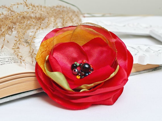 bright RED fabric Flower BROOCH Pin for dress, small gift ideas for her - flower Pin Organza Satin handmade, big red brooch