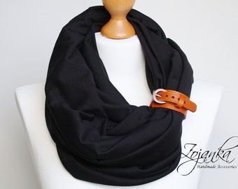 BLACK Inifinity scarf with strap, fashion infinity scarf with leather strap, infinity scarves ZOJANKA, black scarf wrap shawl, perfect scarf