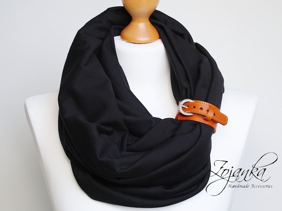 BLACK Inifinity scarf with strap, fashion infinity scarf with leather strap, infinity scarves ZOJANKA, black scarf wrap shawl, perfect scarf