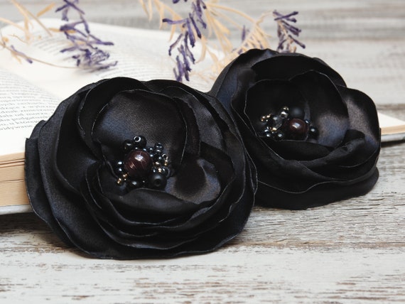 BLACK Flower Pin brooches, set of two satin handmade fabric floral brooches, autumn fashion accessories, flower pin buttons