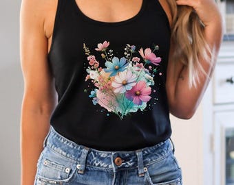 Floral Racerback Tank Top for Women, Plant Lover Gift, Botanical Shirt, Flower Print Sleeveless, Gift for Her, Spring, Summer, Cottagecore