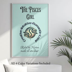 Pisces Girl Digital Download for Poster Size, Zodiac Wall Art for Living, Bedroom, 11X20 Inches, Ruled by Neptune, 4 Colors Incl, Astrology