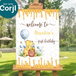Editable Winnie the Pooh Welcome Sign Template – Baby Boy Shower or Birthday Printable, Hundred Acre Wood Style, Custom Party Poster