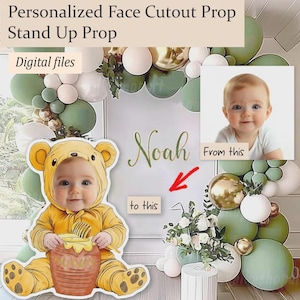 Personalized Face Stand-Up Prop: Baby in Teddy Bear Costume with Hunny Jar, Custom Winnie the Pooh Birthday Party Decor, Printable Cutout
