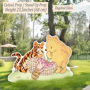 Decorazione con ritaglio digitale grande: classico Winnie the Pooh con neonato e amici per baby shower e feste di compleanno, supporto fisso, decorazione per il cortile