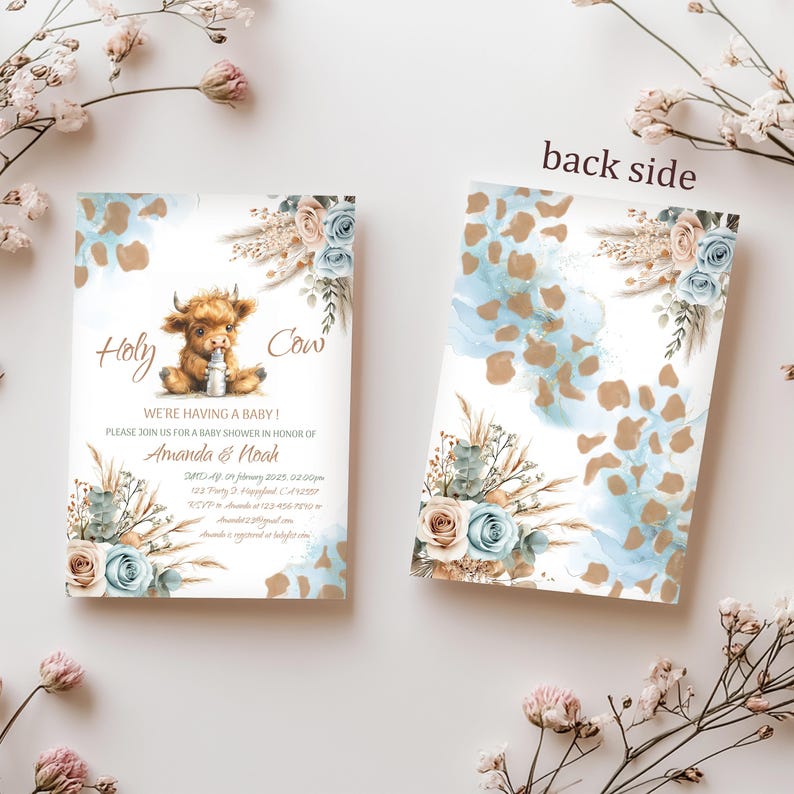May include: A baby shower invitation with a watercolor background featuring a cow with a bottle. The invitation says "Holy Cow! We're having a baby!" and includes the names Amanda & Noah, the date, time, and location of the shower.