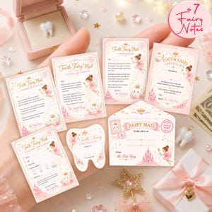 Redigerbart mini-tandfébrevset: Rosa älvpostkit, intyg om förlorad tand, kvitto, anteckningar, kuvert och Corjl-mall