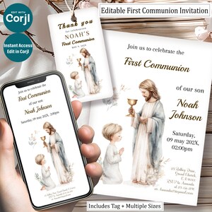 Könnte beinhalten: Erste Kommunion-Einladungsset mit einer Aquarellillustration von Jesus und einem Kind. Das Set enthält ein Etikett, eine Einladung und eine Telefonanzeige, alle mit dem Text "Erste Kommunion" und dem Namen "Noah Johnson".