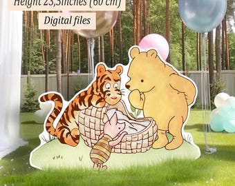 May include: A cutout prop featuring Winnie the Pooh, Tigger, and Piglet. The characters are gathered around a basket. The prop is 23.5 inches (60 cm) tall. The words "Cutout Prop / Stand Up Prop" and "Digital files" are also visible.