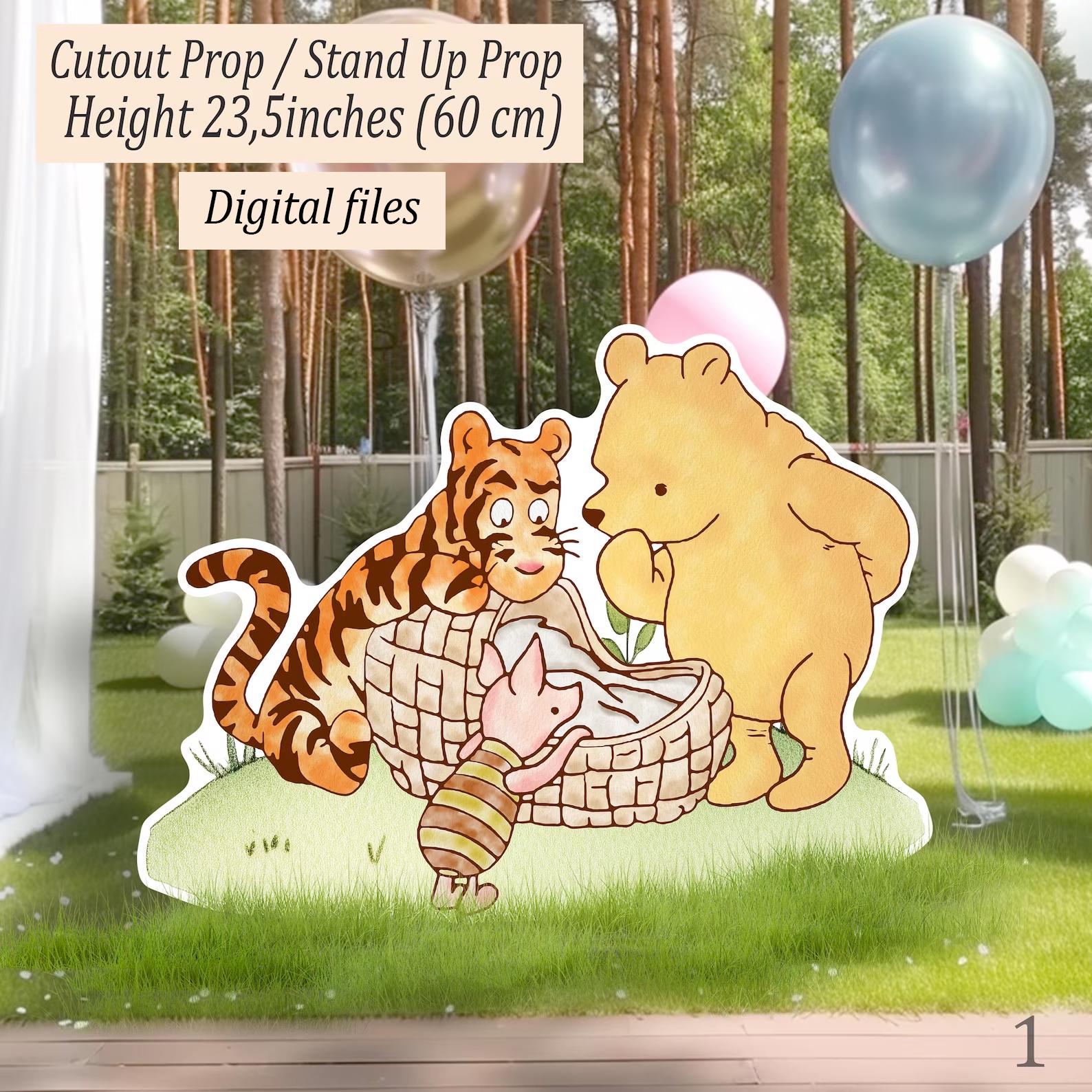 Big Digital Cutout Decor: Klassische Winnie Puuh mit neuem Baby und Freunden für Baby Shower & Geburtstagsfeier, Stand up prop, BackYard Dekor