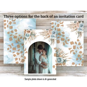 Three options for the back of an invitation card. Each option features a blue and brown watercolour background with a leopard print pattern. The centre option includes a photo of a couple holding each other.