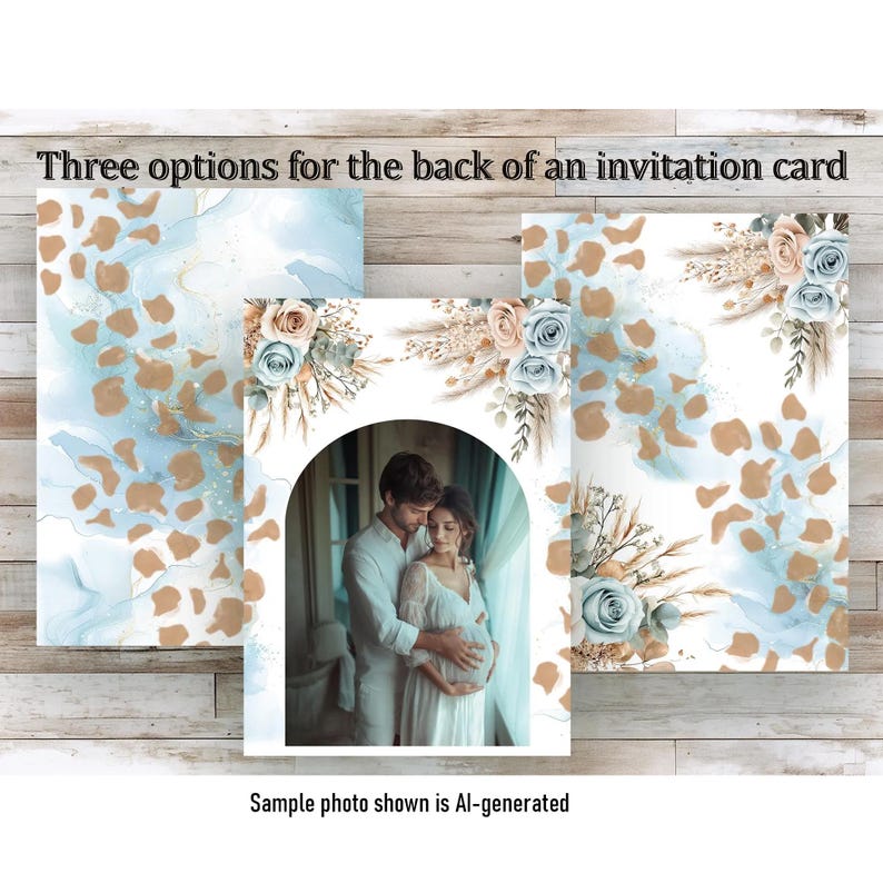 Three options for the back of an invitation card. Each option features a blue and brown watercolour background with a leopard print pattern. The centre option includes a photo of a couple holding each other.