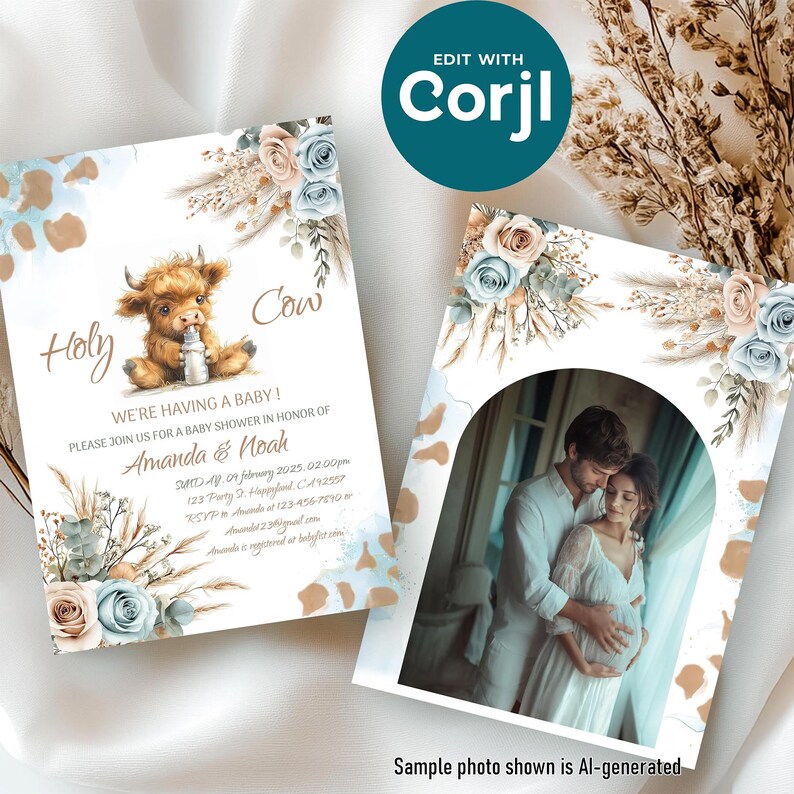 A baby shower invitation with a watercolour background featuring a cow with a bottle, flowers, and greenery. The text reads "Holy Cow! We're having a baby! Please join us for a baby shower in honour of Amanda & Noah." The invitation includes the date, time, location, and RSVP information.