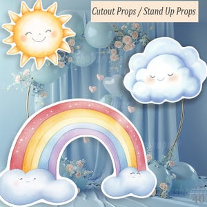 Big Cutout Decors: Pastel Sun & Rainbow with Smiling Clouds, Summer Party, Girls Birthday, Life Size Cutout, Baby Shower Stand Up Prop