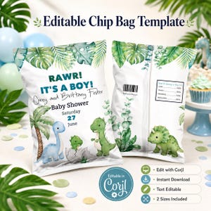 May include: An editable chip bag template featuring a watercolor dinosaur theme with green palm leaves, a blue dinosaur, a green dinosaur, and text reading RAWR! IT'S A BOY! Corey and Brittany Foster Baby Shower Saturday 27 June and Thanks for Sharing.