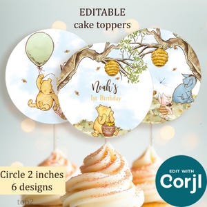 Editable Cake Toppers: Classic Winnie the Pooh Birthday & Baby Shower party decor centerpiece Sticker template Cupcake gender neutral design
