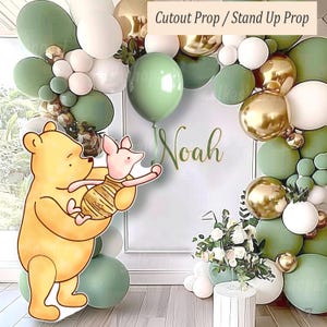 Digital Cutout Decor: Classic Winnie the Pooh and piglet reaching for a balloon, for Baby Shower & Birthday Party, Printable stand up prop