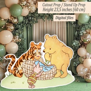 Decorazione con ritaglio digitale grande: classico Winnie the Pooh con neonato e amici per baby shower e feste di compleanno, supporto fisso, decorazione per il cortile