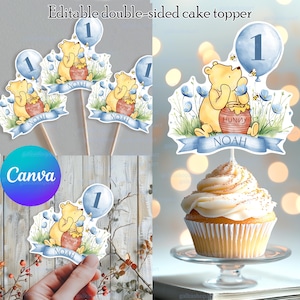 Classic Winnie the Pooh Cake Topper Canva Template, Editable Double-Sided First Birthday Topper