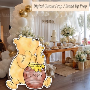 Downloadable cutout decor: Classic Winnie the Pooh with hunny jar & bee Printable stand up prop Backyard decor Yard sign Standee decoration