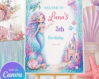 Plantilla de Canva para cartel de bienvenida de cumpleaños de sirena, póster editable para fiesta bajo el mar