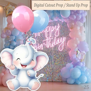 Large Baby Elephant Cutout – Safari Party Animal Prop, Jungle Birthday or Baby Shower Standee, Gender Reveal Printable Decor, Photo Booth