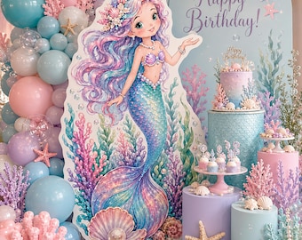 Figura recortada de sirena, soporte de cartón en tonos pastel bajo el mar para decoración de cumpleaños de niña
