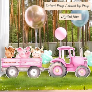 Big Cutout Decor: Pink Girl Tractor with Cart and Farm Animals Stand Up Prop; Baby Shower & Birthday Party Centerpiece; Barnyard backdrop