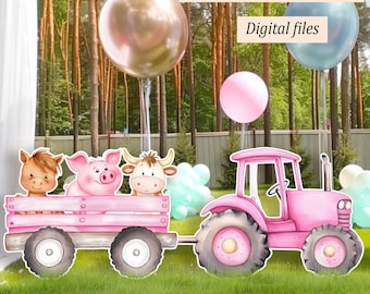 Big Cutout Decor: Pink Girl Tractor with Cart and Farm Animals Stand Up Prop; Baby Shower & Birthday Party Centerpiece; Barnyard backdrop