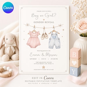 Invitación para revelar el sexo del bebé (niño o niña), plantilla editable de Canva para fiestas de ropa de bebé