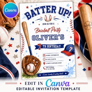 Puede incluir: Una plantilla de invitación de cumpleaños con temática de béisbol con el texto BATTER UP! JOIN US FOR A Baseball Party OLIVER'S 7TH BIRTHDAY. El diseño incluye ilustraciones de una pelota, un bate de madera, un guante y una gorra.