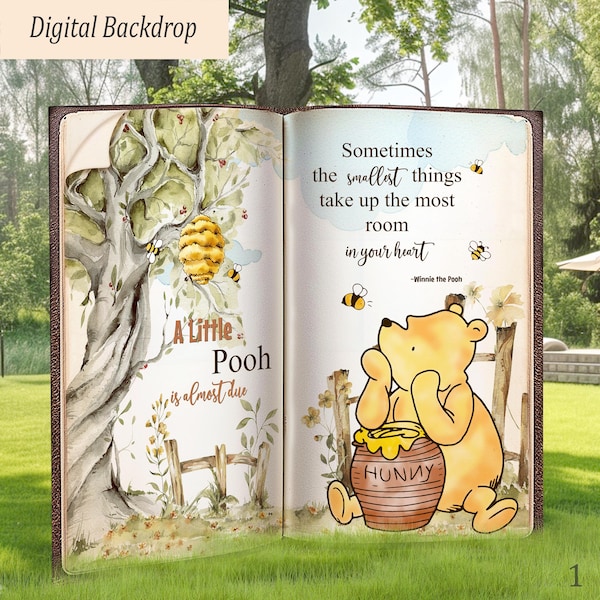 Little Pooh Is fast Due Backdrop: Babyparty Bilderbuch Hintergrund, Klassisches Winnie Pooh Theme, Digital Party Decor