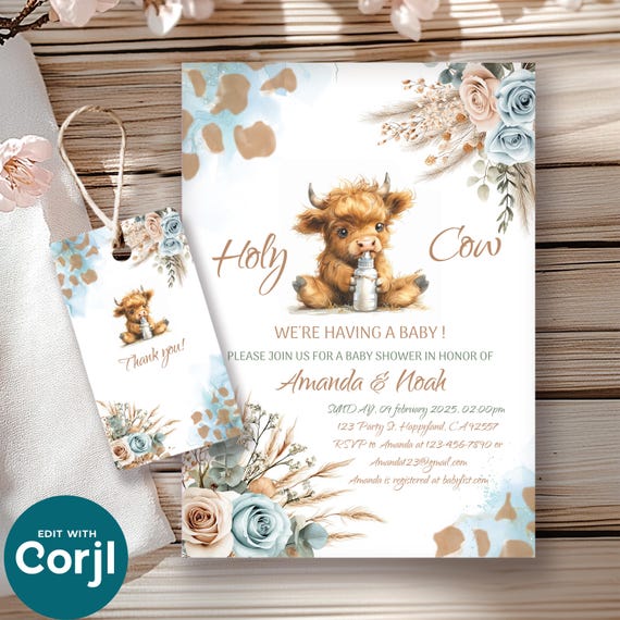 Editable Highland Cow Baby Shower Invitation Template, Holy Cow Invite & Tag, Boho light blue Flowers Pampas Grass, We're Having a Baby Card