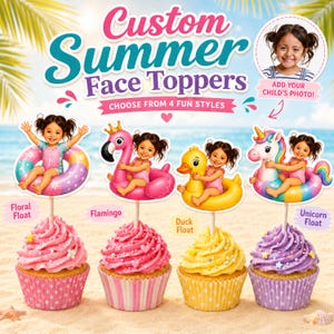 May include: Custom Summer Face Toppers cupcake decorations featuring four styles: a child in a floral float, a flamingo float, a duck float, and a unicorn float. Each topper is displayed on a frosted cupcake with colorful sprinkles on a sandy beach.