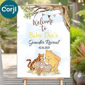 Editable Welcome Sign with Classic Winnie the Pooh, Baby Shower and Birthday Decoration, Gender Reveal, Hundred Acre Wood Design, Vintage