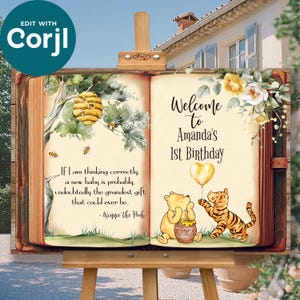 Editable Welcome Sign with Classic Winnie the Pooh, Baby Shower and Birthday Decoration, Open Book, Hundred Acre Wood Design, Gender Neutral