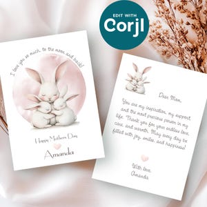 Plantilla de tarjeta de felicitación editable, tarjeta imprimible personalizada del Feliz Día de la Madre, mamá conejita y niños conejos, te amo hasta la luna y más allá