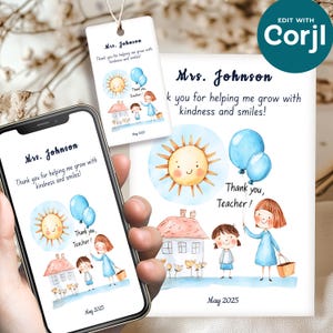 Étiquette modifiable de remerciement pour professeur, carte de remerciement imprimable, « Merci de m'avoir aidé à grandir », cadeau personnalisé de fin d'année scolaire, souvenir
