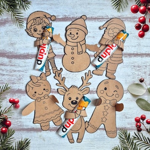 Szablon świątecznego pojemnika na czekoladki Duplo: do samodzielnego wydrukowania, prezent adwentowy dla dzieci w kształcie renifera i Świętego Mikołaja z piernika