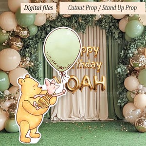 Digital Cutout Decor, Classic Winnie the Pooh and Piglet with green balloon for Baby Shower & Birthday party Printable stand up prop Standee