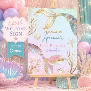 May include: A rectangular welcome sign featuring a mermaid tail illustration with gold glitter accents, seaweed, and seashells. The text reads Welcome to Amanda's First Birthday shellabration. The sign is displayed on a wooden easel stand.