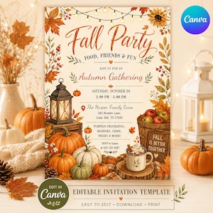 Editable Fall Party Invitation Canva Template, Autumn Gathering Pumpkin Harvest Invite