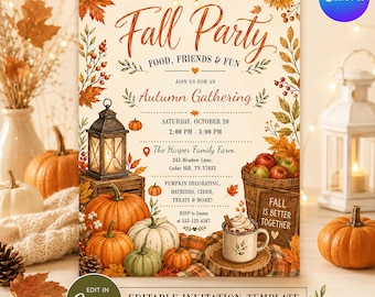 Editable Fall Party Invitation Canva Template, Autumn Gathering Pumpkin Harvest Invite