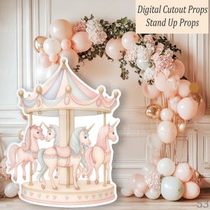 Сarousel Unicorn Big Cutout Prop: Pastel Standee for Baby Girl Birthday or Shower, Printable Beige Party Backdrop, Whimsical Unicorn Decor