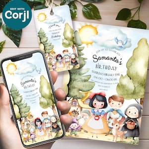 Convite de aniversário da Branca de Neve: modelo editável para festa de princesa com etiqueta, cartão eletrônico personalizado para impressão e digital para comemoração de meninas, Sete Anões