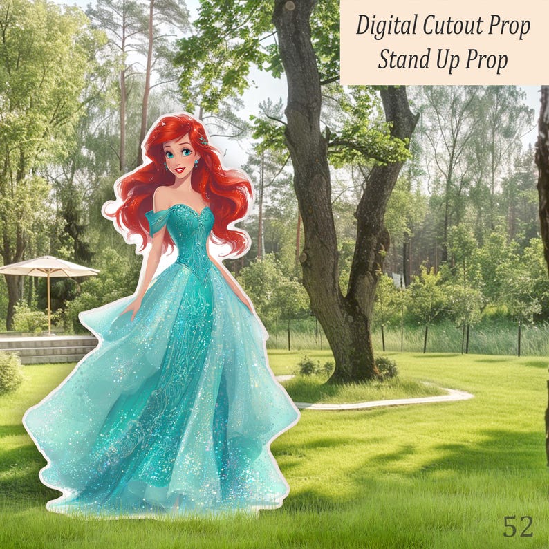 A cardboard cutout of a cartoon character with red hair and a teal dress. The prop is set in a garden with trees and the text "Digital Cutout Prop Stand Up Prop".